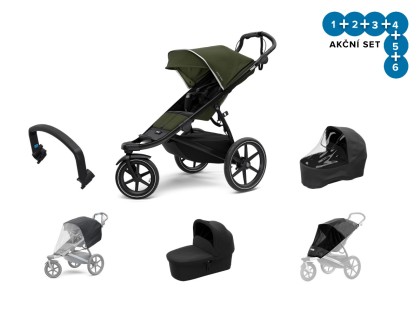 Náhled produktu - Akční set kočárku Thule Urban Glide 2 Black / Cypress Green 2021 + pláštěnka + ochranná síť + madlo + korbička + pláštěnka na korbičku