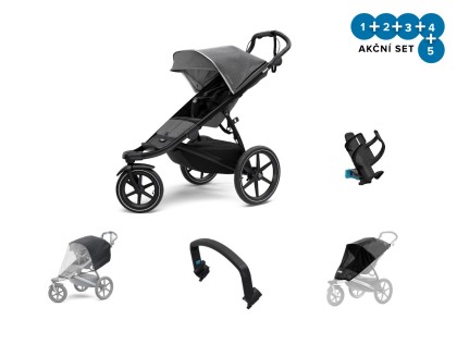 Kočárek Thule Urban Glide 2 Grey Melange / Black 2021 + pláštěnka + madlo + ochranná síť + držák na pití